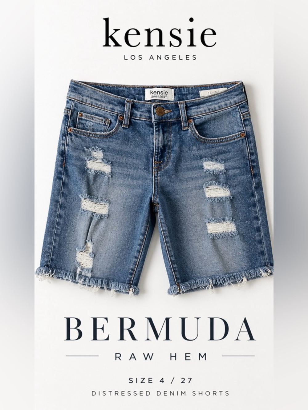 Kensie Distressed Denim Bermuda Raw Hem High Rise Cut Off Jean Shorts 4/27